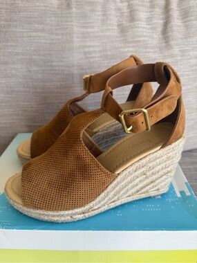 Open-Toe Espadrille Wedge Sandals in Cognac Suede (very comfortable)